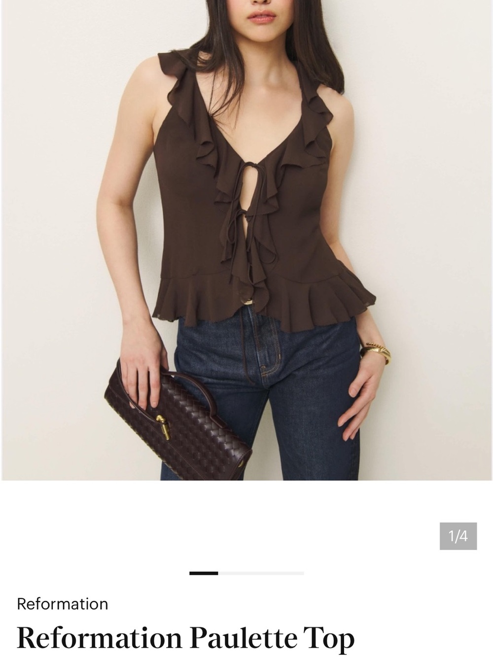 Reformation Paulette Ruffle-Trim Tie-Front Brown Camisole